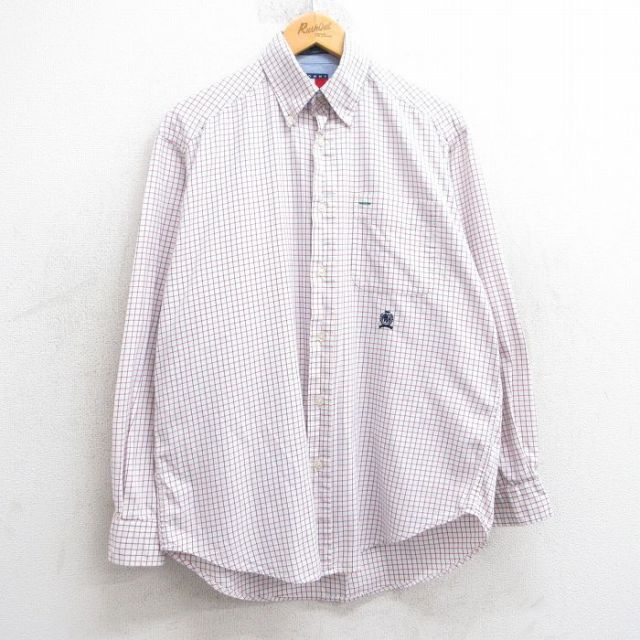 L★古着 トミーヒルフィガー TOMMY HILFIGER 長袖 ブランド シャツ メンズ 90年代 90s ワンポイントロゴ コットン ボタンダウン 白他 ホワイト チェック 25mar10 中古 トップス