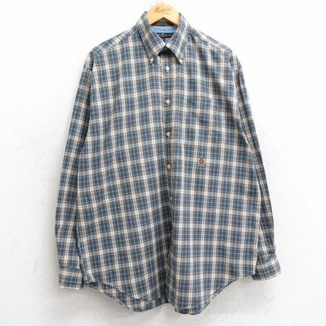 【50%OFF】XL★古着 トミーヒルフィガー TOMMY HILFIGER 長袖 ブランド シャツ メンズ 90年代 90s ワンポイントロゴ コットン ボタンダウン 紺系他 ネイビー チェック 25mar10 中古 トップス