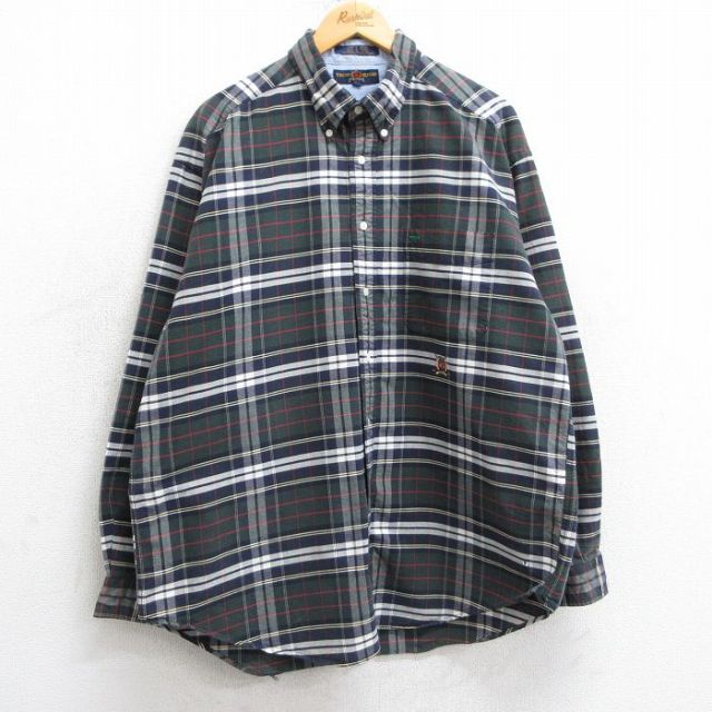 【50%OFF】XL★古着 トミーヒルフィガー TOMMY HILFIGER ゴルフ 長袖 ブランド シャツ メンズ 90年代 90s ワンポイントロゴ 大きいサイズ コットン ボタンダウン 緑他 グリーン チェック 25mar10 中古 トップス