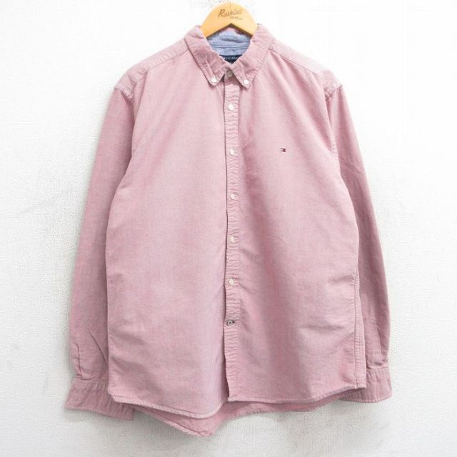XL★古着 トミーヒルフィガー TOMMY HILFIGER 長袖 ブランド シャツ メンズ ワンポイントロゴ コットン ボタンダウン 赤系 レッド 25mar10 中古 トップス