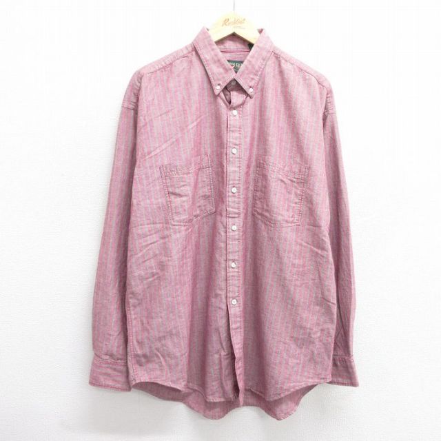 XL★古着 アメリカンイーグル American Eagle 長袖 ブランド シャツ メンズ 90年代 90s 大きいサイズ ロング丈 コットン ボタンダウン エンジ他 ストライプ 【spe】 25mar10 中古 トップス