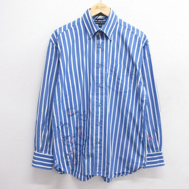 L★古着 トミーヒルフィガー TOMMY HILFIGER 長袖 ブランド シャツ メンズ 90年代 90s チェーンステッチ刺繍 ボタンダウン 青他 ブルー ストライプ 25mar10 中古 トップス