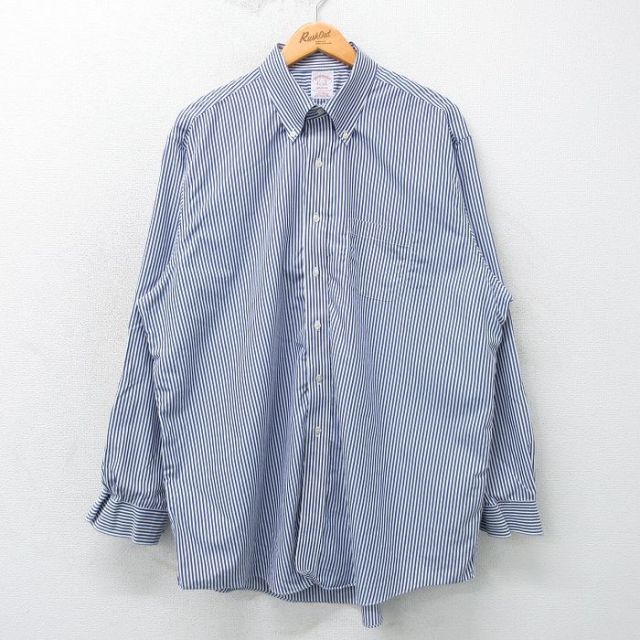 XL★古着 ブルックスブラザーズ BROOKS BROTHERS 長袖 ブランド シャツ メンズ 大きいサイズ ロング丈 コットン ボタンダウン 紺他 ネイビー ストライプ 25mar11 中古 トップス