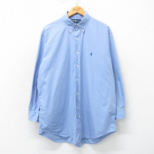 L★古着 ラルフローレン Ralph Lauren 長袖 ブランド シャツ メンズ 90年代 90s YARMOUTH ワンポイントロゴ ロング丈 コットン ボタンダウン 薄紺 ネイビー 25mar11 中古 トップス
