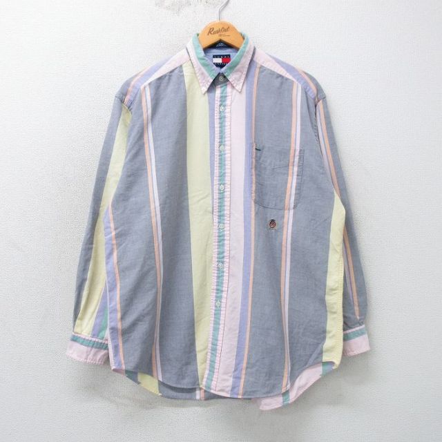 L★古着 トミーヒルフィガー TOMMY HILFIGER 長袖 ブランド シャツ メンズ 90年代 90s ワンポイントロゴ コットン ボタンダウン 薄グレー他 【spe】 25mar11 中古 トップス