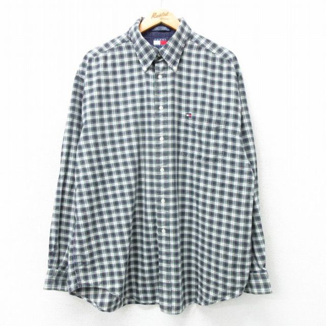 XL★古着 トミーヒルフィガー TOMMY HILFIGER 長袖 ブランド シャツ メンズ 90年代 90s ワンポイントロゴ ロング丈 コットン ボタンダウン 緑他 グリーン チェック 25mar11 中古 トップス