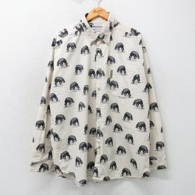 【20%OFF】XL★古着 コロンビア COLUMBIA 長袖 ブランド シャツ メンズ 90年代 90s クマ 総柄 ロング丈 コットン ボタンダウン 薄ベージュ他 カーキ 【spe】 25mar11 中古 トップス