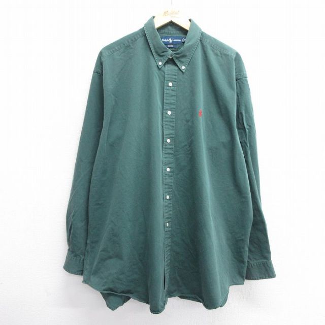 XL★古着 ラルフローレン Ralph Lauren 長袖 ブランド シャツ メンズ 90年代 90s BLAKE ワンポイントロゴ 大きいサイズ ロング丈 コットン ボタンダウン 緑 グリーン 25mar11 中古 トップス