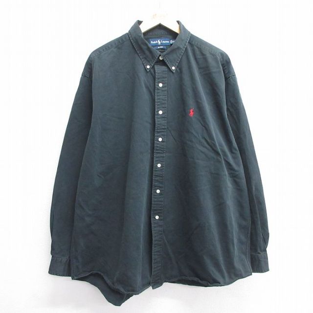 XL★古着 ラルフローレン Ralph Lauren 長袖 ブランド シャツ メンズ 90年代 90s BLAKE ワンポイントロゴ 大きいサイズ ロング丈 コットン ボタンダウン 黒 ブラック 25mar11 中古 トップス