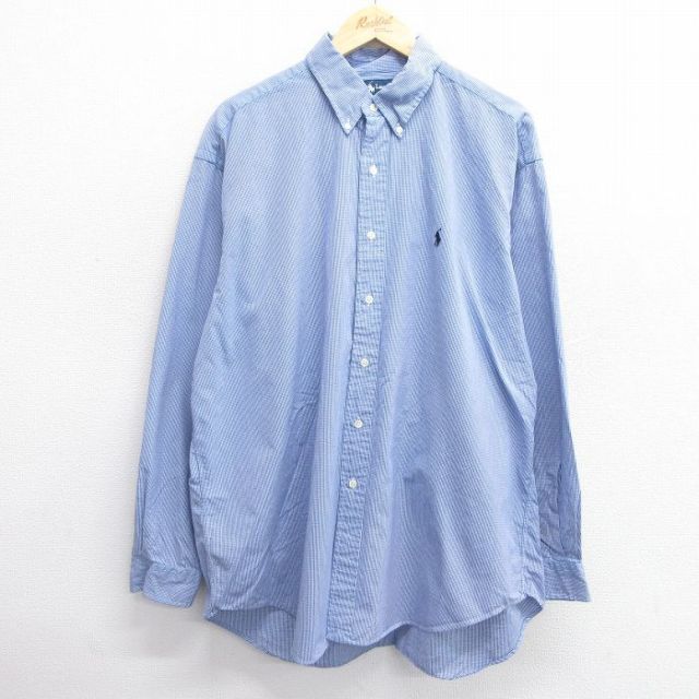 XL★古着 ラルフローレン Ralph Lauren 長袖 ブランド シャツ メンズ 90年代 90s BLAKE ワンポイントロゴ 大きいサイズ コットン ボタンダウン 紺他 ネイビー チェック 25mar11 中古 トップス