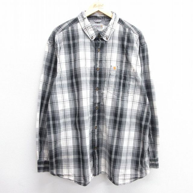 XL★古着 カーハート Carhartt 長袖 ブランド シャツ メンズ 大きいサイズ ロング丈 コットン ボタンダウン 黒他 ブラック チェック 25mar11 中古 トップス
