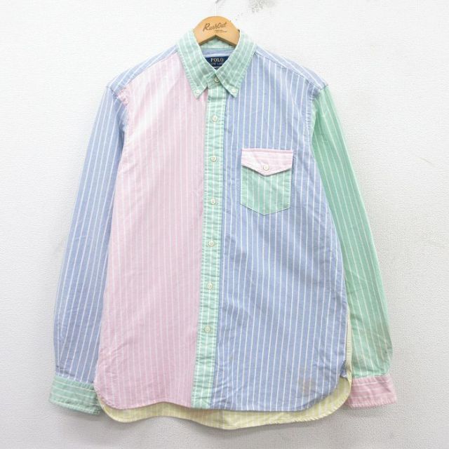 L★古着 ラルフローレン Ralph Lauren 長袖 ブランド シャツ メンズ クレイジーパターン コットン ボタンダウン 薄紺他 ネイビー ストライプ 25mar11 中古 トップス