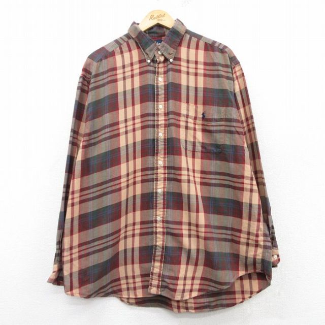 【20%OFF】XL★古着 ラルフローレン Ralph Lauren 長袖 ブランド シャツ メンズ 90年代 90s BLAIRE ワンポイントロゴ 大きいサイズ コットン ボタンダウン 茶他 ブラウン チェック 25mar11 中古 トップス