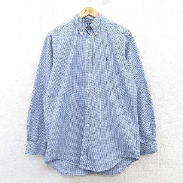 L★古着 ラルフローレン Ralph Lauren 長袖 ブランド シャツ メンズ 90年代 90s ワンポイントロゴ BLAKE コットン ボタンダウン 紺他 ネイビー チェック 25mar11 中古 トップス