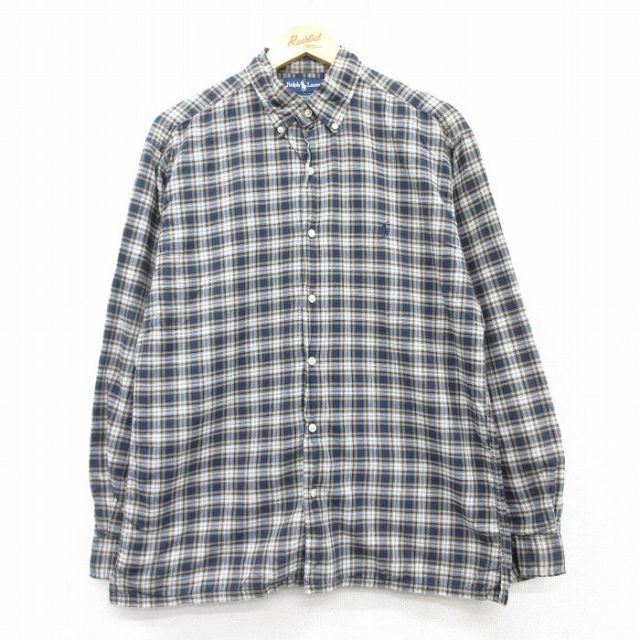 L★古着 ラルフローレン Ralph Lauren 長袖 ブランド シャツ メンズ 90年代 90s GREGGOR ワンポイントロゴ コットン ボタンダウン 紺他 ネイビー チェック 【spe】 25mar11 中古 トップス