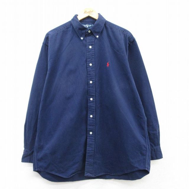 XL★古着 ラルフローレン Ralph Lauren 長袖 ブランド シャツ メンズ 90年代 90s BLAKE ワンポイントロゴ 大きいサイズ コットン ボタンダウン 紺 ネイビー 25mar11 中古 トップス