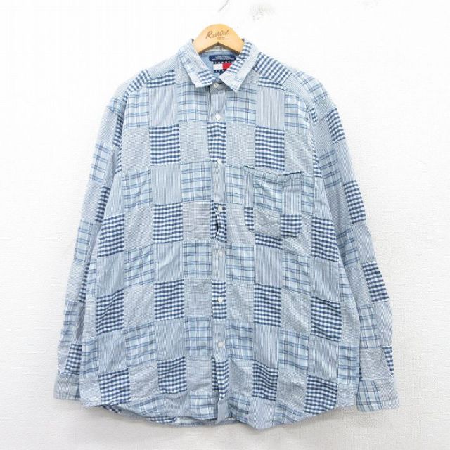 XL★古着 トミーヒルフィガー TOMMY HILFIGER 長袖 ブランド シャツ メンズ 90年代 90s パッチワーク コットン 紺他 ネイビー チェック 【spe】 25mar11 中古 トップス