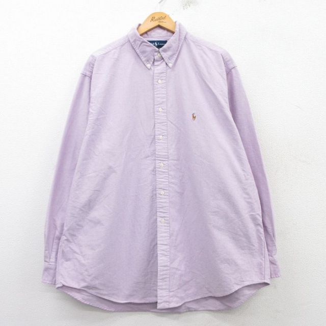 XL★古着 ラルフローレン Ralph Lauren 長袖 ブランド シャツ メンズ 90年代 90s YARMOUTH ワンポイントロゴ 大きいサイズ ロング丈 コットン ボタンダウン 薄紫 パープル 25mar11 中古 トップス