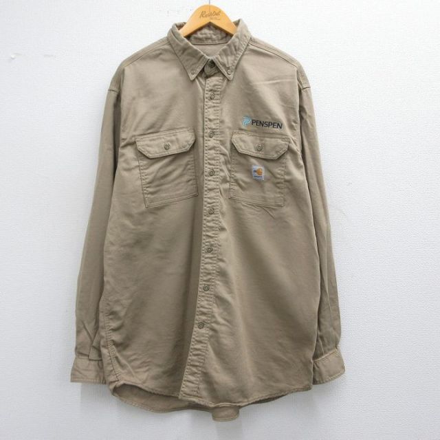 【50%OFF】XL★古着 カーハート Carhartt 長袖 ブランド シャツ メンズ PENSPEN 大きいサイズ ロング丈 ボタンダウン ベージュ カーキ 25mar12 中古 トップス