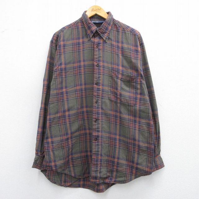 XL★古着 ノーティカ NAUTICA 長袖 ブランド シャツ メンズ 90年代 90s ワンポイントロゴ コットン ボタンダウン 薄緑他 グリーン チェック 25mar12 中古 トップス
