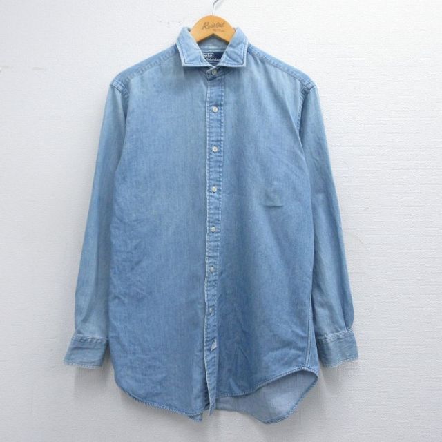 M★古着 ラルフローレン Ralph Lauren 長袖 ブランド シャツ メンズ 90年代 90s ESTATE コットン 薄紺 ネイビー デニム 25mar12 中古 トップス