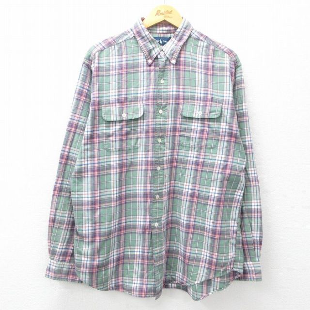 XL★古着 ラルフローレン Ralph Lauren 長袖 ブランド シャツ メンズ 90年代 90s 大きいサイズ コットン ボタンダウン 緑他 グリーン チェック 25mar12 中古 トップス