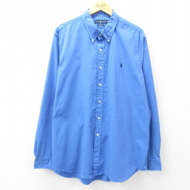 XL★古着 ラルフローレン Ralph Lauren 長袖 ブランド シャツ メンズ ワンポイントロゴ 大きいサイズ ロング丈 ボタンダウン 薄紺 ネイビー 25mar12 中古 トップス