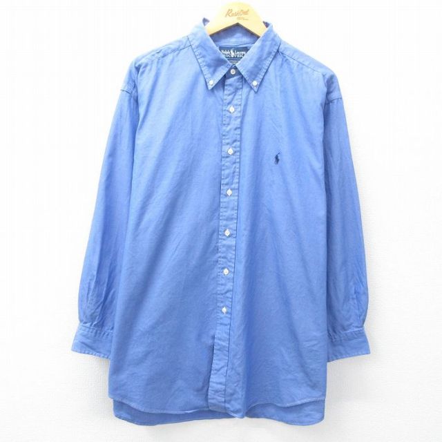 XL★古着 ラルフローレン Ralph Lauren 長袖 ブランド シャツ メンズ 90年代 90s YARMOUTH ワンポイントロゴ オックスフォード 大きいサイズ ロング丈 コットン ボタンダウン 薄紺 ネイビー 25mar12 中古 トップス