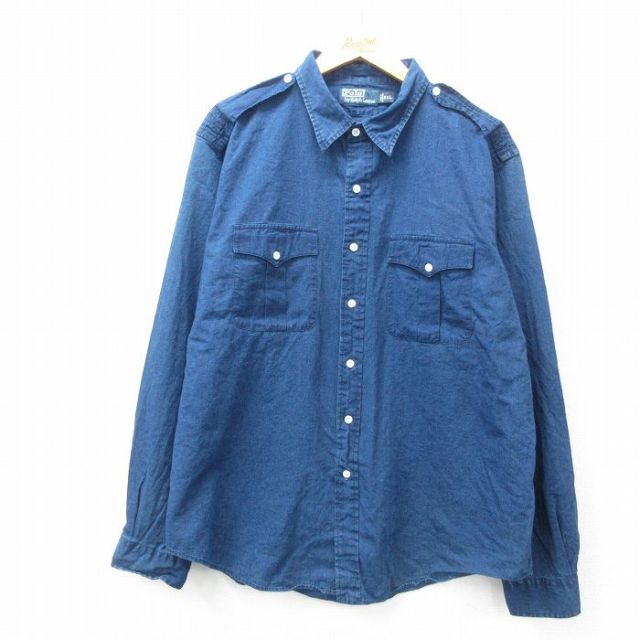 【50%OFF】XL★古着 ラルフローレン Ralph Lauren 長袖 ブランド シャツ メンズ 90年代 90s 大きいサイズ コットン 紺 ネイビー 【spe】 25mar12 中古 トップス