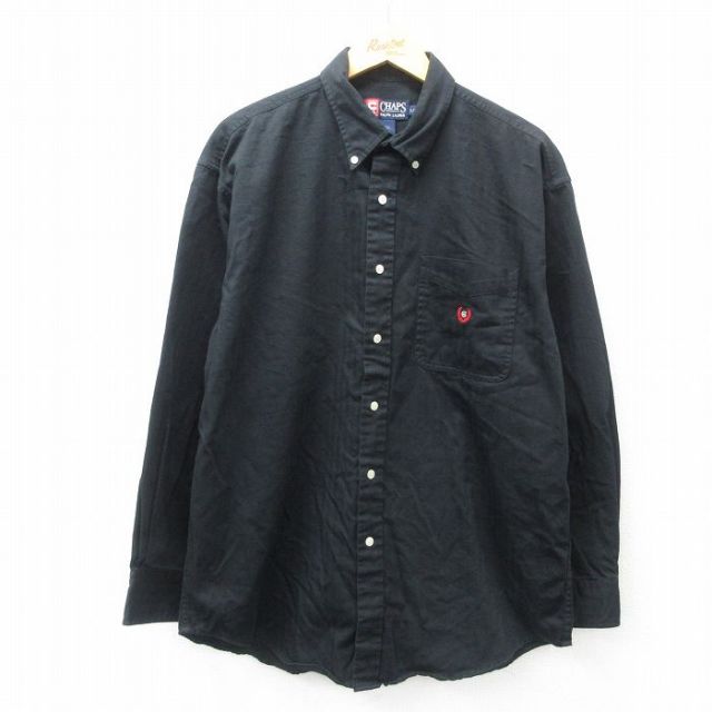 XL★古着 チャップス ラルフローレン Ralph Lauren 長袖 ブランド シャツ メンズ 90年代 90s ワンポイントロゴ ヘリンボーン ロング丈 コットン ボタンダウン 黒 ブラック 25mar12 中古 トップス