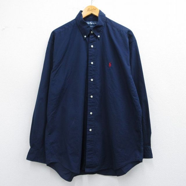 XL★古着 ラルフローレン Ralph Lauren 長袖 ブランド シャツ メンズ 90年代 90s BLAKE ワンポイントロゴ 大きいサイズ ロング丈 コットン ボタンダウン 紺 ネイビー 25mar13 中古 トップス
