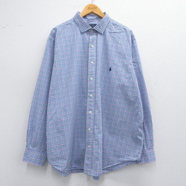 XL★古着 ラルフローレン Ralph Lauren 長袖 ブランド シャツ メンズ ワンポイントロゴ 大きいサイズ コットン 紺他 ネイビー チェック 25mar13 中古 トップス