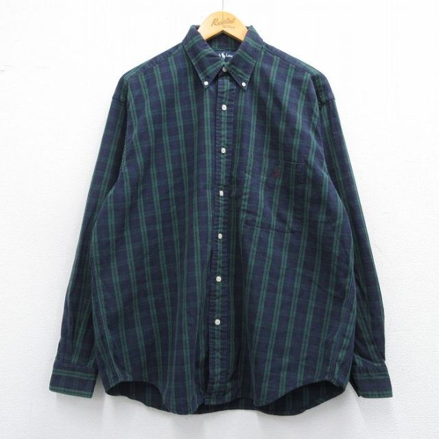 XL★古着 ラルフローレン Ralph Lauren 長袖 ブランド シャツ メンズ 90年代 90s BIG SHIRT ワンポイントロゴ コットン ボタンダウン 緑他 グリーン チェック 【spe】 25mar13 中古 トップス