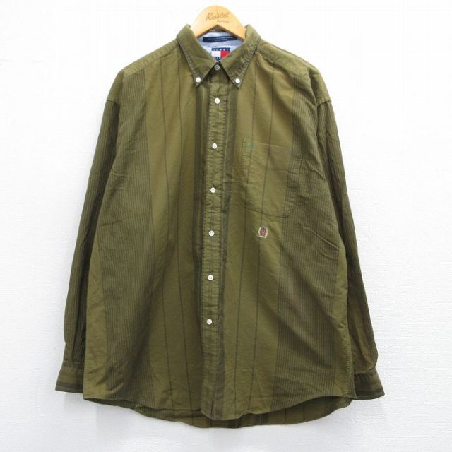 XL★古着 トミーヒルフィガー TOMMY HILFIGER 長袖 ブランド シャツ メンズ 90年代 90s ワンポイントロゴ 大きいサイズ ロング丈 コットン ボタンダウン 緑系他 グリーン ストライプ 25mar13 中古 トップス