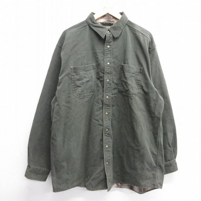XL★古着 エルエルビーン LLBEAN 長袖 ブランド シャツ メンズ 大きいサイズ ロング丈 コットン ダック地 カナダ製 緑 グリーン 内側フランネル 25mar13 中古 トップス