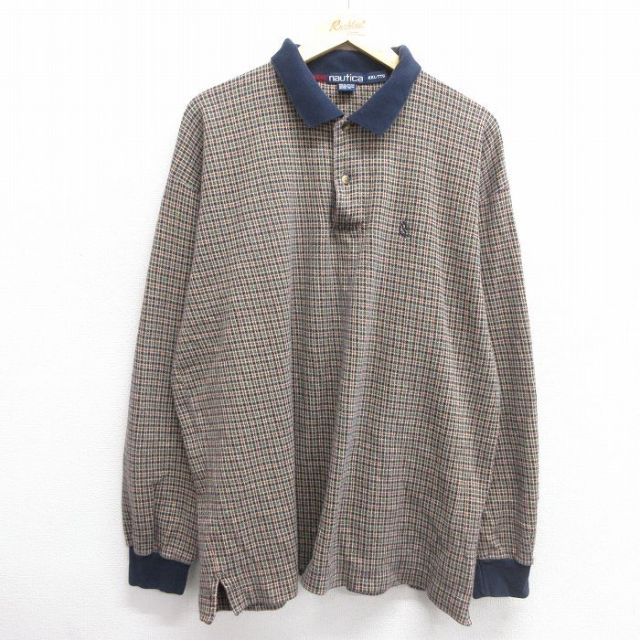 XL★古着 ノーティカ NAUTICA 長袖 ブランド ポロ シャツ メンズ 90年代 90s ワンポイントロゴ コットン ベージュ他 カーキ 25mar13 中古 トップス