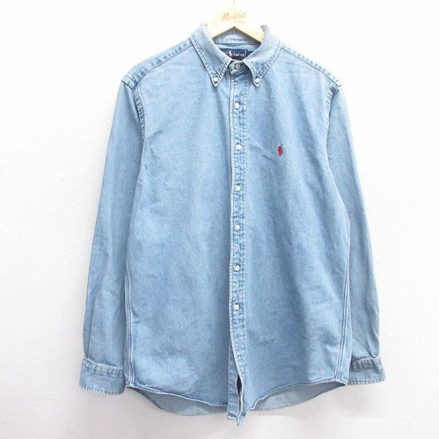 L★古着 ラルフローレン Ralph Lauren 長袖 ブランド シャツ メンズ 90年代 90s ワンポイントロゴ コットン ボタンダウン 紺 ネイビー デニム 【spe】 25mar13 中古 トップス