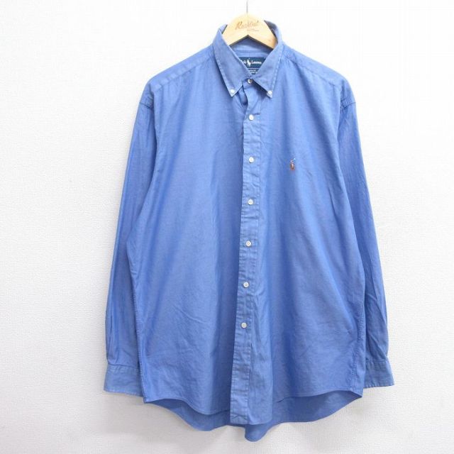 XL★古着 ラルフローレン Ralph Lauren 長袖 ブランド シャツ メンズ 90年代 90s YARMOUTH ワンポイントロゴ 大きいサイズ ロング丈 コットン ボタンダウン 紺 ネイビー 25mar13 中古 トップス