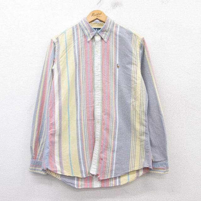 M★古着 ラルフローレン Ralph Lauren 長袖 ブランド シャツ メンズ 90年代 90s ワンポイントロゴ オックスフォード コットン ボタンダウン 黄他 イエロー ストライプ 25mar14 中古 トップス