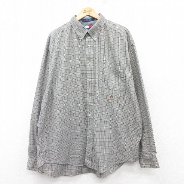 【50%OFF】XL★古着 トミーヒルフィガー TOMMY HILFIGER 長袖 ブランド シャツ メンズ 90年代 90s ワンポイントロゴ 大きいサイズ コットン ボタンダウン グレー他 チェック 25mar14 中古 トップス