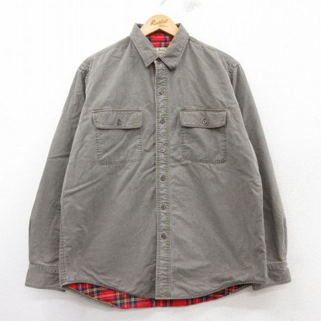 XL★古着 エルエルビーン LLBEAN 長袖 ブランド シャツ メンズ 80年代 80s コットン USA製 緑系 グリーン 内側フランネル 【spe】 25mar14 中古 トップス