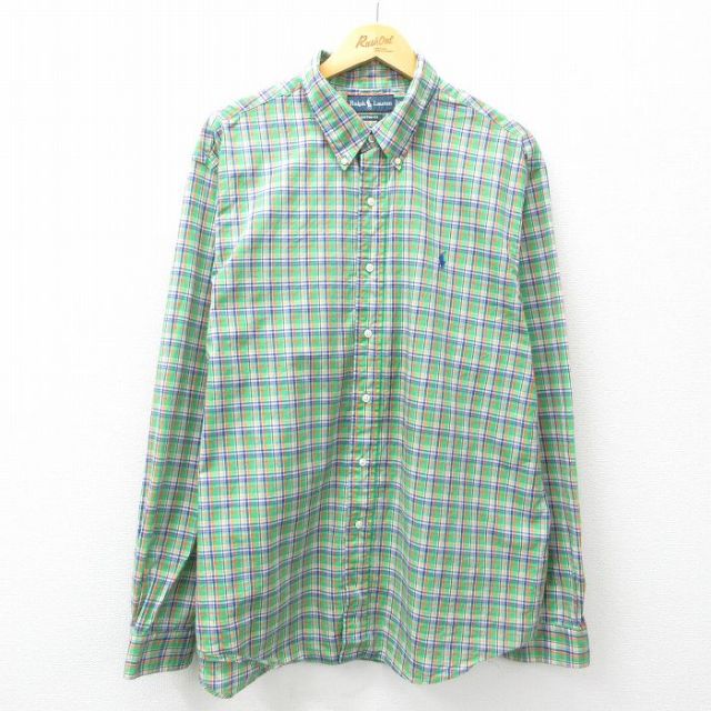 XL★古着 ラルフローレン Ralph Lauren 長袖 ブランド シャツ メンズ 90年代 90s ワンポイントロゴ 大きいサイズ ロング丈 コットン ボタンダウン 緑他 グリーン チェック 25mar14 中古 トップス