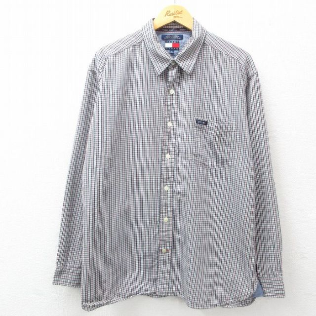 【50%OFF】XL★古着 トミーヒルフィガー TOMMY HILFIGER トミージーンズ 長袖 ブランド シャツ メンズ コットン 紺他 ネイビー チェック 25mar14 中古 トップス