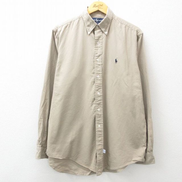 XL★古着 ラルフローレン Ralph Lauren 長袖 ブランド シャツ メンズ 90年代 90s ワンポイントロゴ ロング丈 コットン ボタンダウン ベージュ カーキ 【spe】 25mar14 中古 トップス