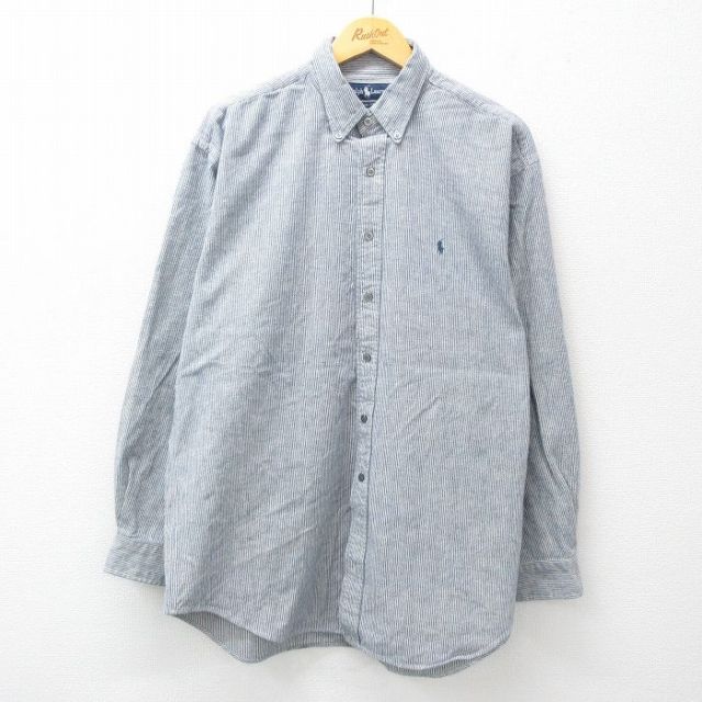 XL★古着 ラルフローレン Ralph Lauren 長袖 ブランド シャツ メンズ 90年代 90s ワンポイントロゴ 大きいサイズ ロング丈 コットン ボタンダウン 紺他 ネイビー ストライプ 25mar14 中古 トップス