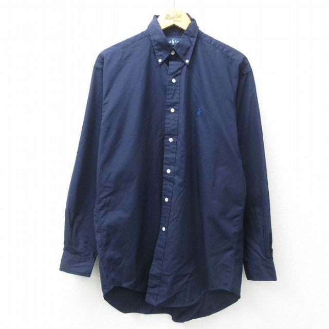 XL★古着 ラルフローレン Ralph Lauren 長袖 ブランド シャツ メンズ 90年代 90s ワンポイントロゴ BLAKE ロング丈 コットン ボタンダウン 紺 ネイビー 25mar14 中古 トップス