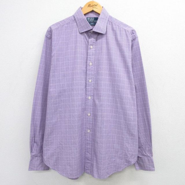 【50%OFF】XL★古着 ラルフローレン Ralph Lauren 長袖 ブランド シャツ メンズ 90年代 90s REGENT 大きいサイズ ロング丈 コットン ボタンダウン 薄紫他 パープル チェック 25mar15 中古 トップス