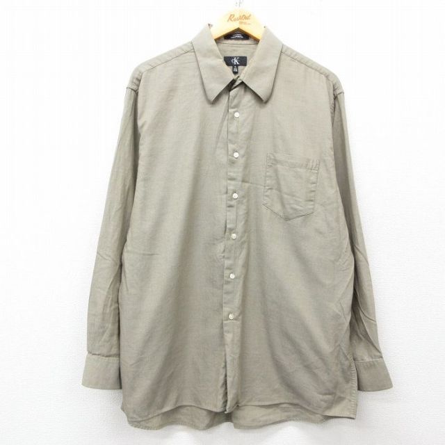 XL★古着 カルバンクライン Calvin Klein 長袖 ブランド シャツ メンズ コットン ベージュ カーキ 25mar15 中古 トップス