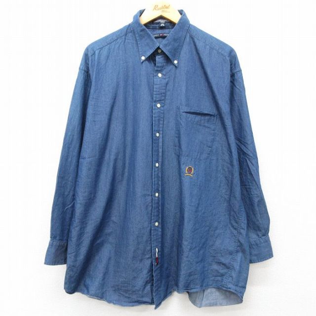 XL★古着 トミーヒルフィガー TOMMY HILFIGER 長袖 ブランド シャツ メンズ ワンポイントロゴ 薄紺 ネイビー 25mar15 中古 トップス