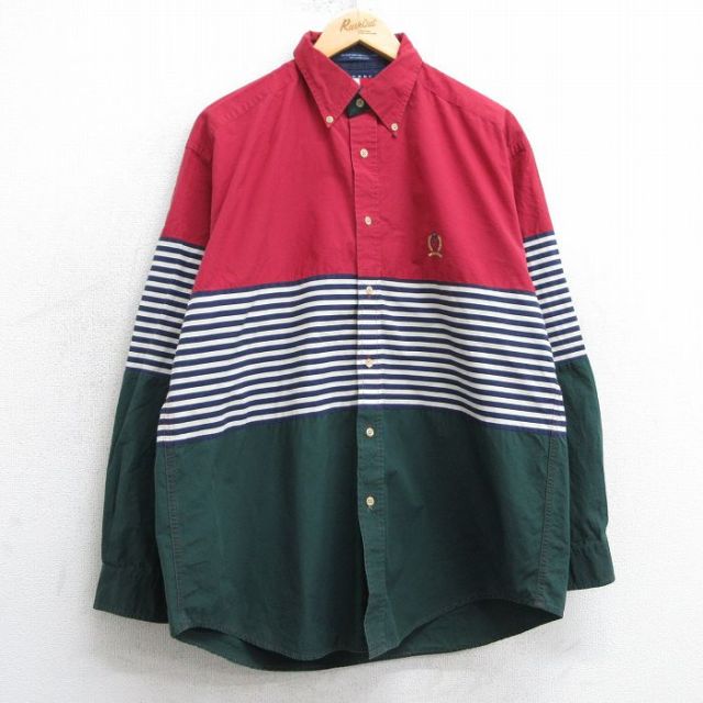 【50%OFF】L★古着 トミーヒルフィガー TOMMY HILFIGER 長袖 ブランド シャツ メンズ 90年代 90s ワンポイントロゴ マルチカラー コットン ボタンダウン 緑他 グリーン 25mar15 中古 トップス